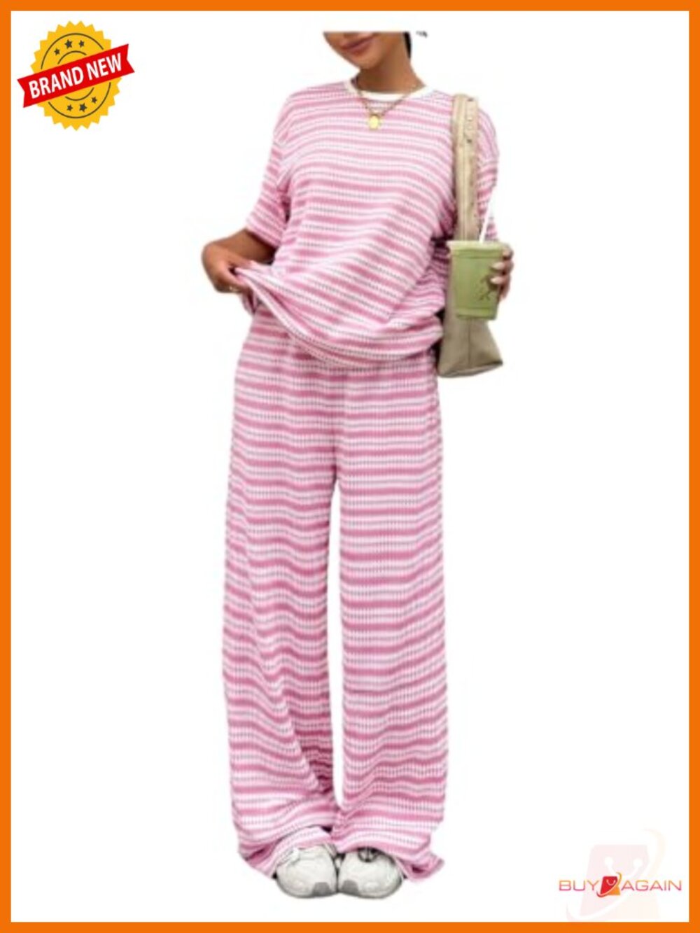 Women's Striped Lounge Set Short Sleeve Knit Top Wide Leg Pants 2 Piece